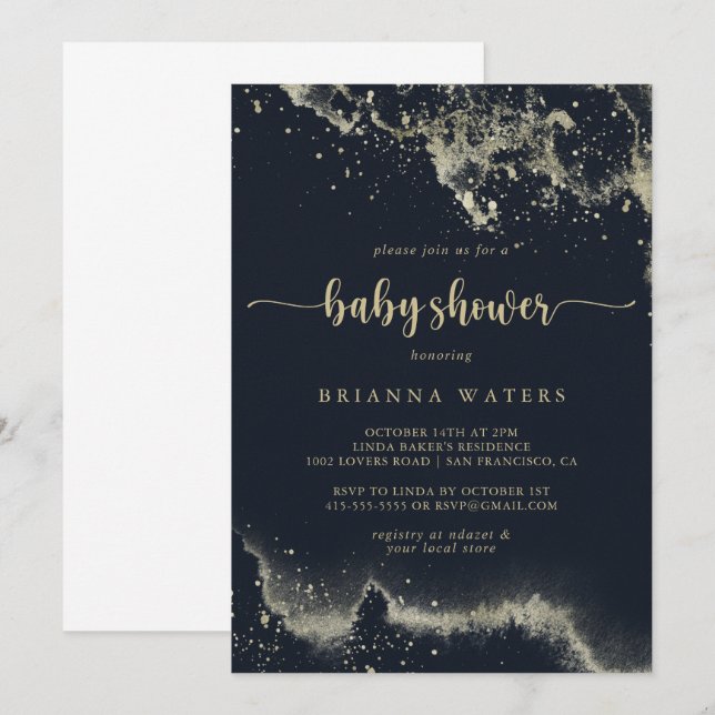Babykläder för vattenfärg Guld Stänk Calligraphy Inbjudningar (Fram/baksida)