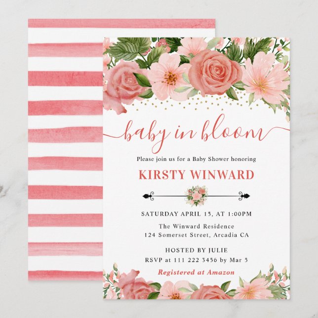 Babykläder för vattenfärg Rosa ros Blommor Inbjudningar (Fram/baksida)