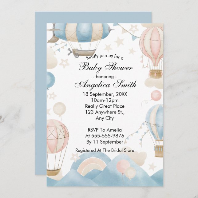 Babykläder för vattenfärgsfärg, Luftballong Inbjudningar (Fram/baksida)