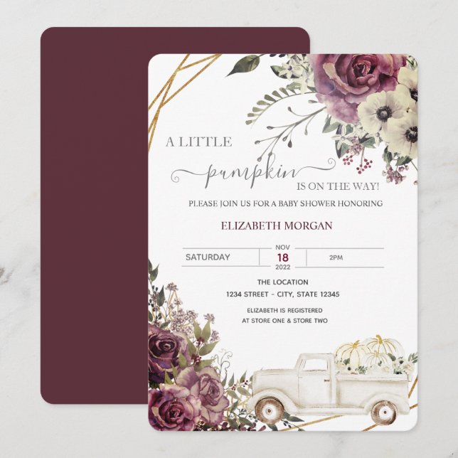 Babykläder för vattenfärgspumpkin Lastbil, babyklä Inbjudningar (Fram/baksida)