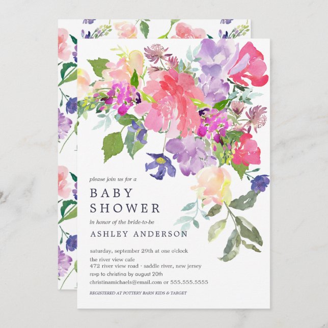 Babykläder för vattenfärgsRosa Lila Blommigt  baby Inbjudningar (Fram/baksida)