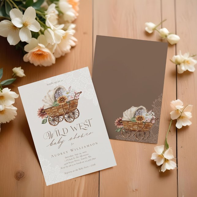 Babykläder för Western Blommigt i Vilda western La Inbjudningar (Wild West Country Western Floral Wagon Baby Shower Invitation)