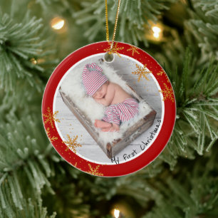 Babykläder Första julen Röda Guld Snöflingor F Julgransprydnad Keramik