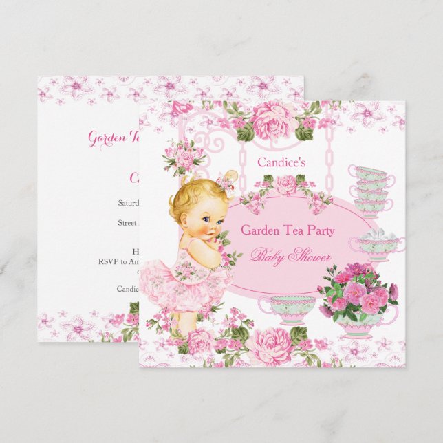 Babykläder Garden Tea Party Snöre Rosa Blonde Inbjudningar (Fram/baksida)