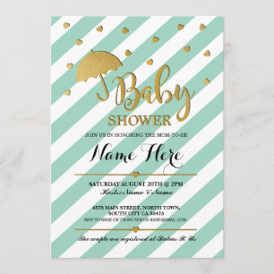 Babykläder Guld Mint Umbrella Hearts Inbjudan