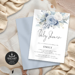 Babykläder i Modern Dusty Blue Blommigts Shower Inbjudningar