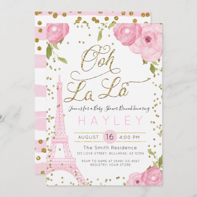 Babykläder i Paris Eiffel Torn Rosa Guld Inbjudningar (Fram/baksida)