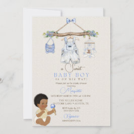 Babykläder Pojke Baby Shower Elfenben Blå Inbjudningar