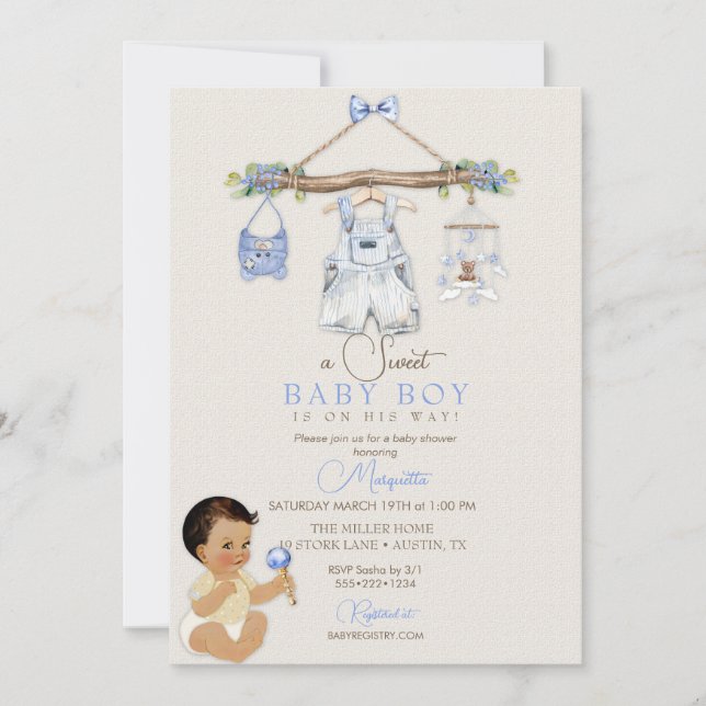 Babykläder Pojke Baby Shower Elfenben Blå Inbjudningar (Framsida)