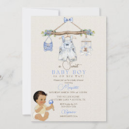 Babykläder Pojke Baby Shower Elfenben Blå Inbjudningar
