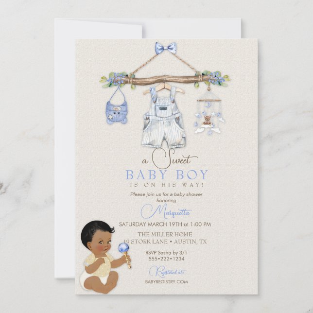 Babykläder Pojke Baby Shower Elfenbensvit Blå Inbjudningar (Framsida)