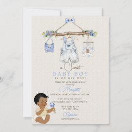 Babykläder Pojke Baby Shower Elfenbensvit Blå Inbjudningar
