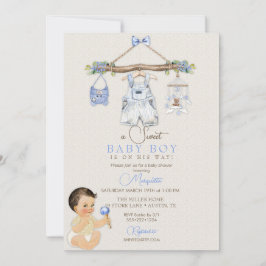 Babykläder Pojke Baby Shower Elfenbensvit Blå Inbjudningar