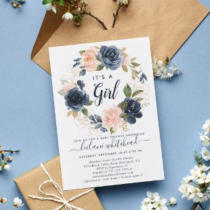 Babykläder Rosa Blommigt Navy Wand Inbjudningar