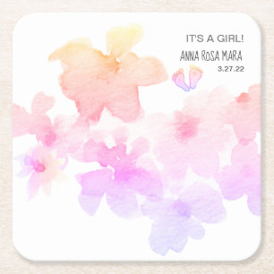 *~* Babykläder Rosa Peach Blommigt Vattenfärgsfebe Underlägg Papper Kvadrat