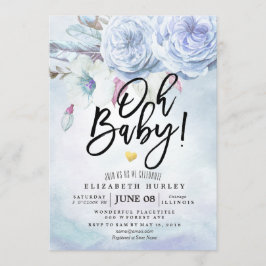 Babykläder, vattenfärg, Bohemiska blommor och fjäd Inbjudningar