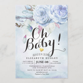 Babykläder, vattenfärg, Bohemiska blommor och fjäd Inbjudningar