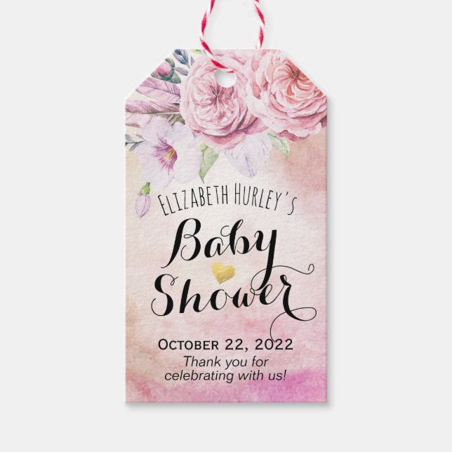 Babykläder, vattenfärg, Bohemiska blommor och fjäd Presentetikett (Framsidan)