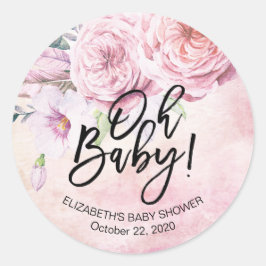 Babykläder, vattenfärg, Bohemiska blommor och fjäd Runt Klistermärke