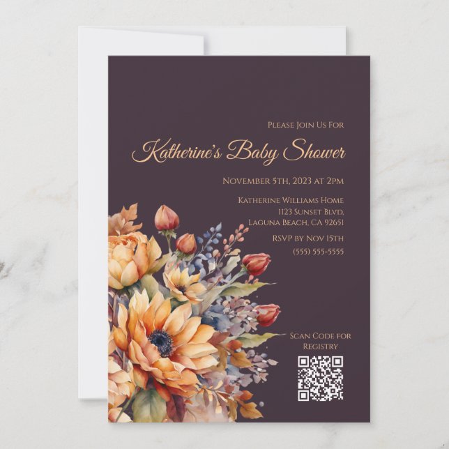 Babykläder, vattenfärgsblommor, Lila Inbjudningar (Framsida)