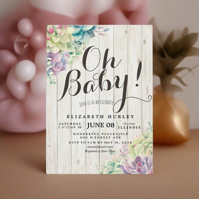 Babykläder Vattenskärg Succulants White Wood Inbjudningar (Skapare uppladdad)