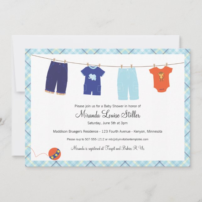 Babyklädstreck Invitation - Pojke Inbjudningar (Framsida)