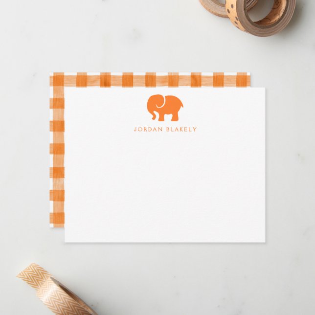 Babykort, Orange Elefant Gingham Platt Kort (Fram/Back In Situ)