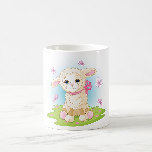 Babyllamm med rosa rosett och fjärilar kaffemugg (Skapare uppladdad)