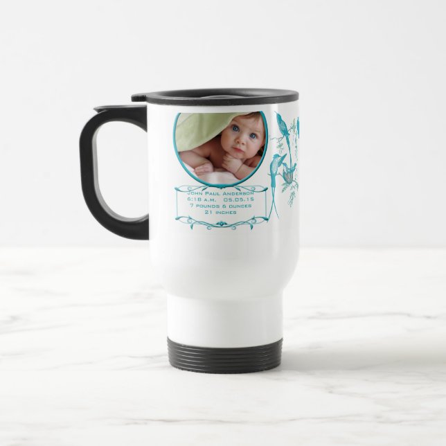 BabyMugg med bebisfoto Viktiga födelsestadistik Resemugg (Vänster)