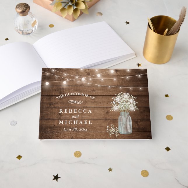 Babyns andedräkt Burk Rustic Wood Ljus Bröllop Gästböcker (Framsida öppen)