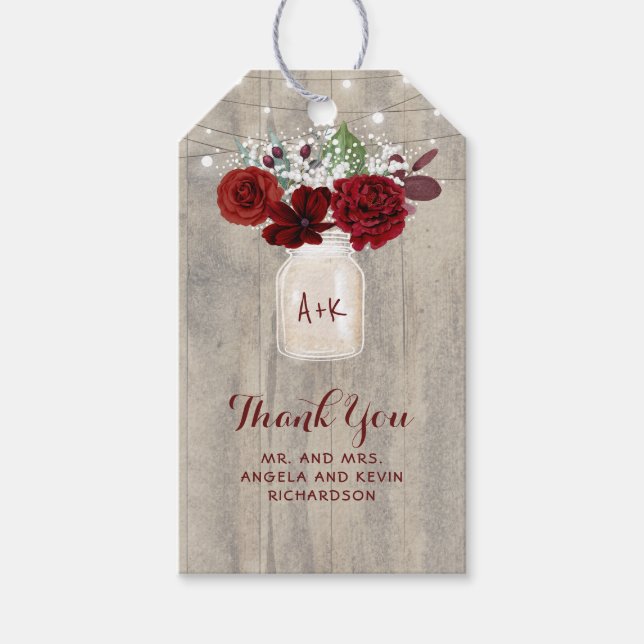Babyns andedräkt och Burgundy Flowers Rustic Bröll Presentetikett (Framsidan)