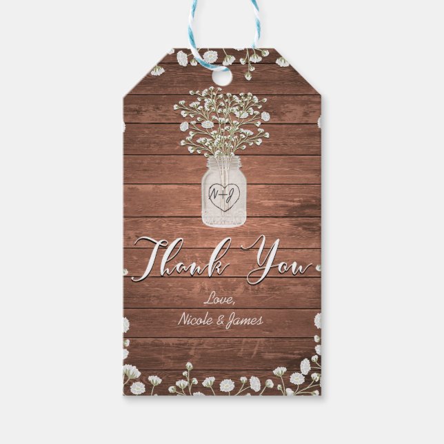 Babyns andningsblommor och Wood Rustic Wedding Fav Presentetikett (Framsidan)