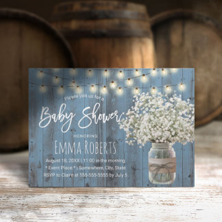 Babyns andningsdoft Burk Rustic Dusty Blue Baby Sh Inbjudningar