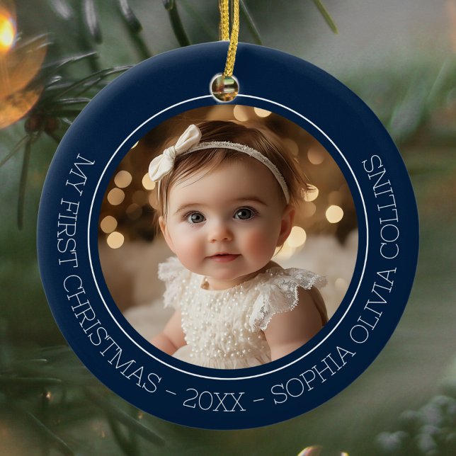 Babyns första jul Blå Modern 2 Foto Nyfödd Julgransprydnad Keramik (Baby's First Christmas Blue Modern 2 Photo Newborn Ceramic Ornament)