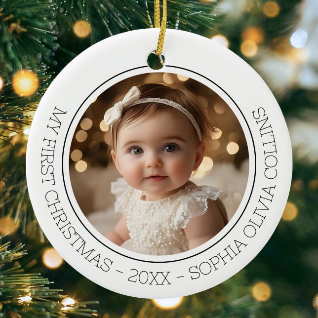 Babyns första jul Moderna 2 Foto Nyfödd Namn Julgransprydnad Keramik (Baby's First Christmas Modern 2 Photo Newborn Name Ceramic Ornament)