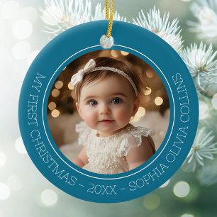 Babyns första jul Teal Modern 2 Foto Nyfödd Julgransprydnad Keramik