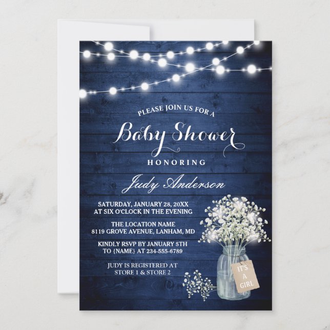 Babyns utandning Ljus Rustic Navy Blue Baby Shower Inbjudningar (Framsida)