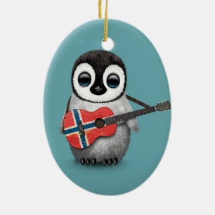 Babypingvin som leker norska flaggagitarrblått julgransprydnad keramik