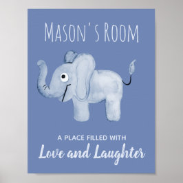 Babypojke Blå Akvarell Elefant Barnkammar Konst Poster