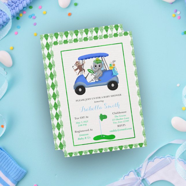 Babypojke Elefant & Apa Dusch Inbjudningar (Swing a hole in one with this adorable golf themed baby shower invitation!)