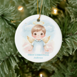 Babypojke Första Jul Blå Ängel Foto Julgransprydnad Keramik
