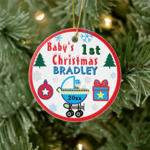 Babypojke Första jul blå hatt NAMN Julgransprydnad Keramik