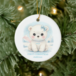 Babypojke Första jul Blå Isbjörn Foto Julgransprydnad Keramik