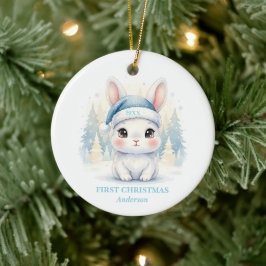 Babypojke Första jul Blå Kanin Foto Julgransprydnad Keramik