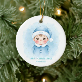Babypojke Första julen Blå Tomte Foto Julgransprydnad Keramik