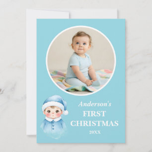 Babypojke Första julen Blå Tomte Foto Kort
