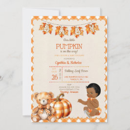 Babypojke höst rutmönster teddybjörn pumpa blad inbjudningar
