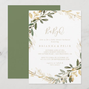 BabyQ Baby Shower Barbecue med Geometric Guld Grön Inbjudningar