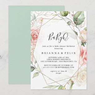 BabyQ Baby Shower Barbecue med Geometric Guld Grön Inbjudningar