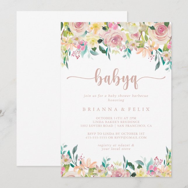 BabyQ Baby Shower Barbecue ro Blommigt Baby Guld Inbjudningar (Fram/baksida)